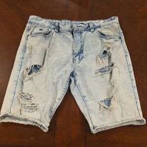 (J12) Men's WXY Stylish Distressed Light Blue Jean Shorts Sz 36
